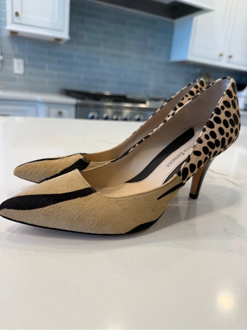 Carolinna Espinoso Embossed Zebra-Print Pointed Pumps in Tan and Black